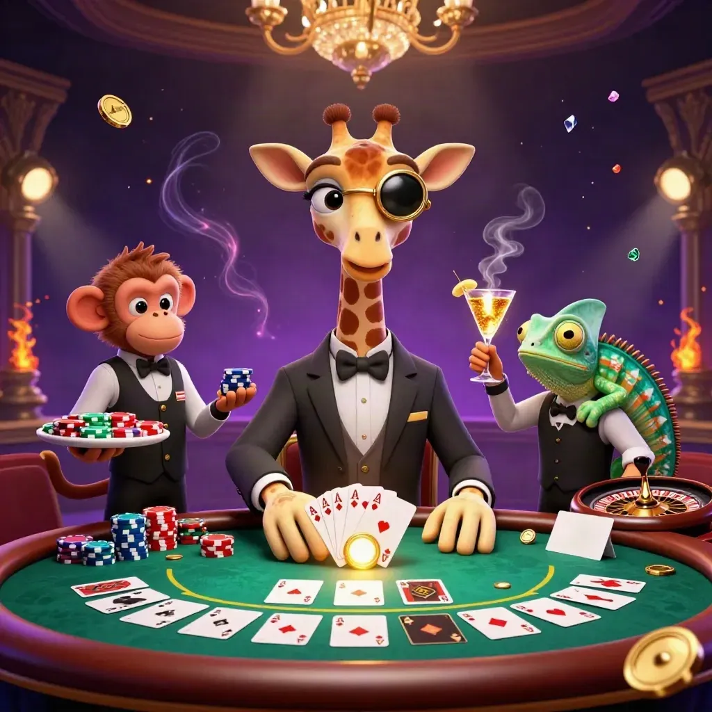 Giraffe high roller, monkey valet, and chameleon bartender in a luxe casino glow with cards, chips, and firelight.