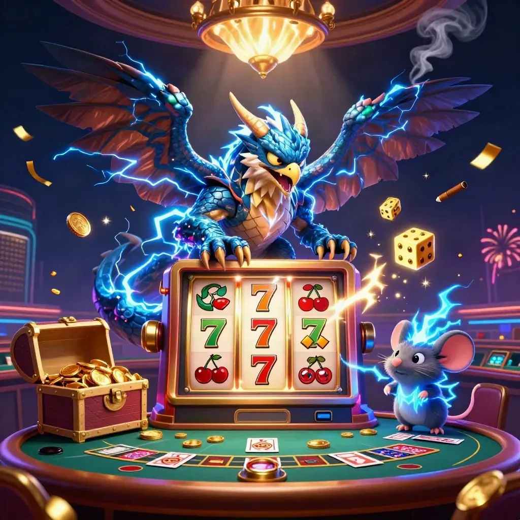 Thunder dragon, wind hawk, and static mouse amid casino magic, jackpot bursts, and neon lights.