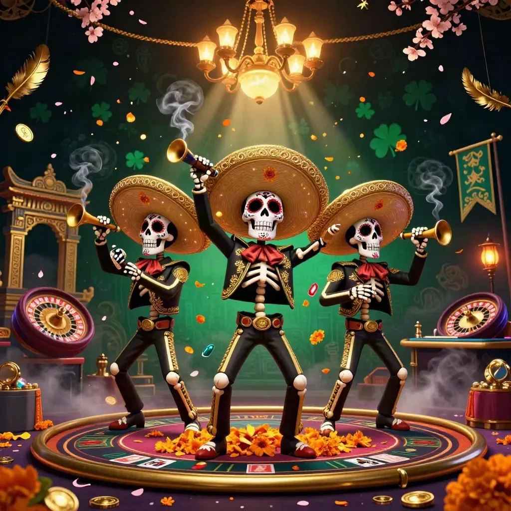 Skeleton mariachi trio amid roulette, temple gate, brass chandelier, and glowing casino gold