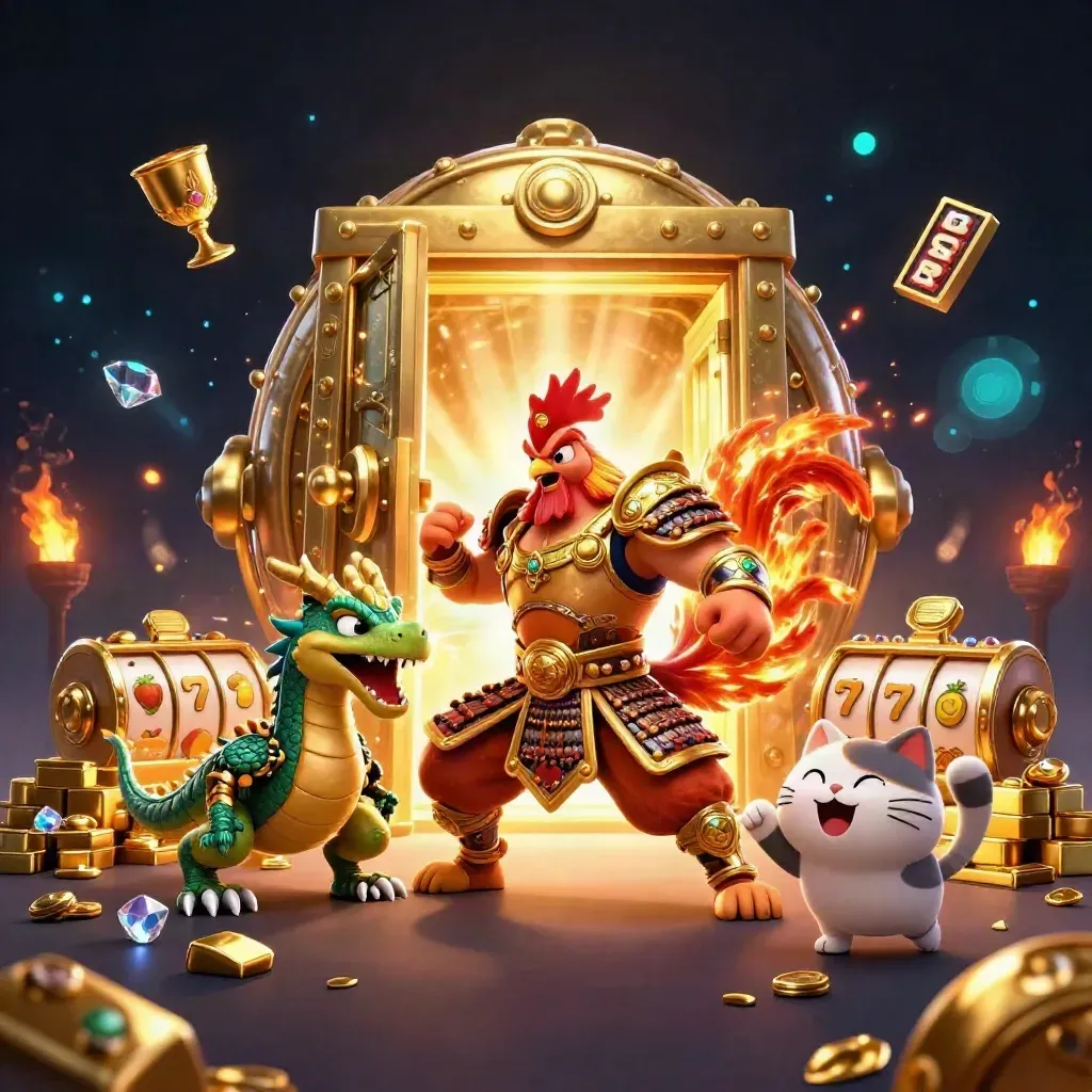 Rooster warrior, dragon hatchling, and fortune-cat burst from a golden vault in casino key art