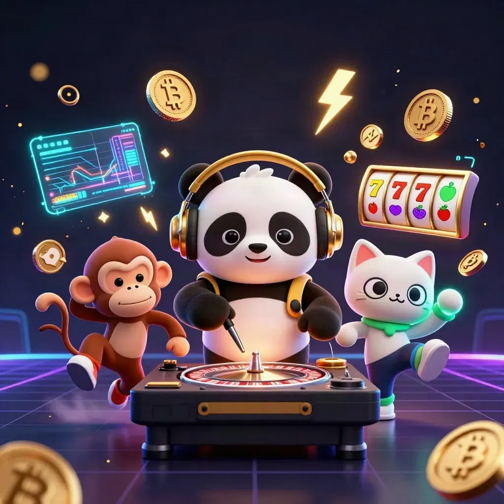 DJ panda, breakdancing monkey and glow-stick kitten amid neon coins, lightning and roulette wheels
