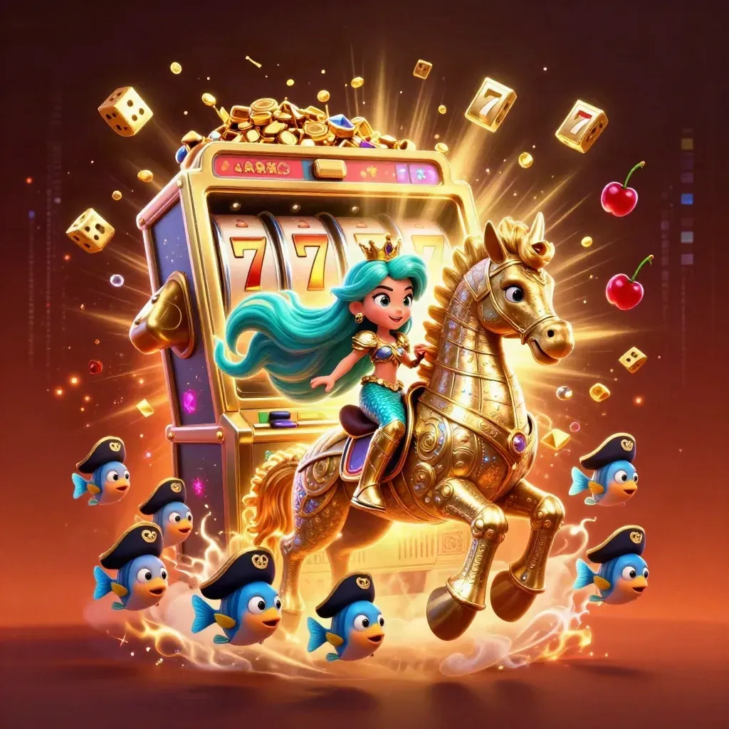 Mermaid princess on gold seahorse amid jackpot burst, fish pirates, treasure, and neon energy.