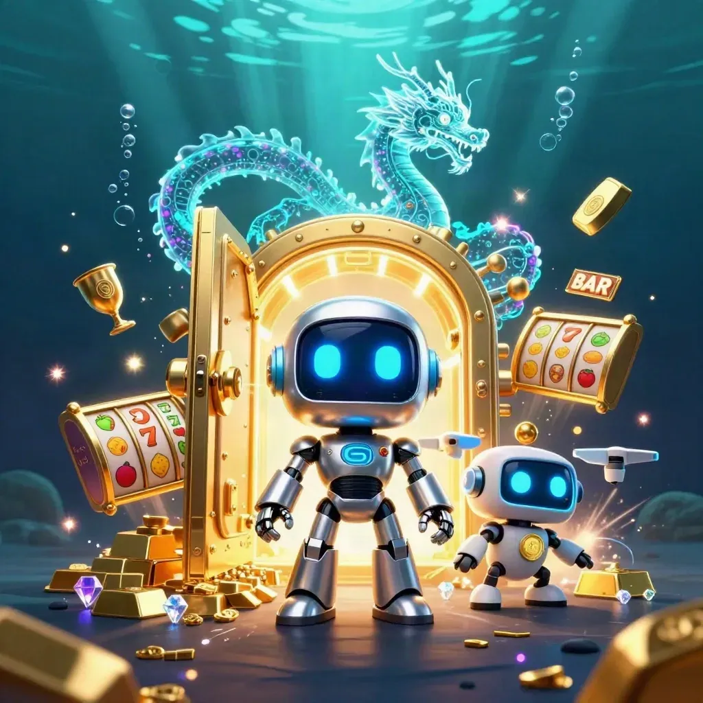 Cyberpunk robot, holographic dragon, and coin drone amid a vault burst under blue underwater light.